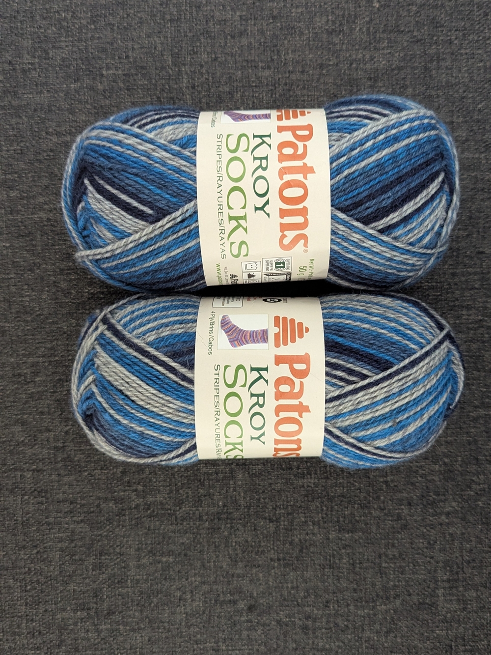 Lot of 2 Skeins, Patons Kroy Sock Yarn, 1.7 oz, 166 yds Sing'n The Blues Stripes